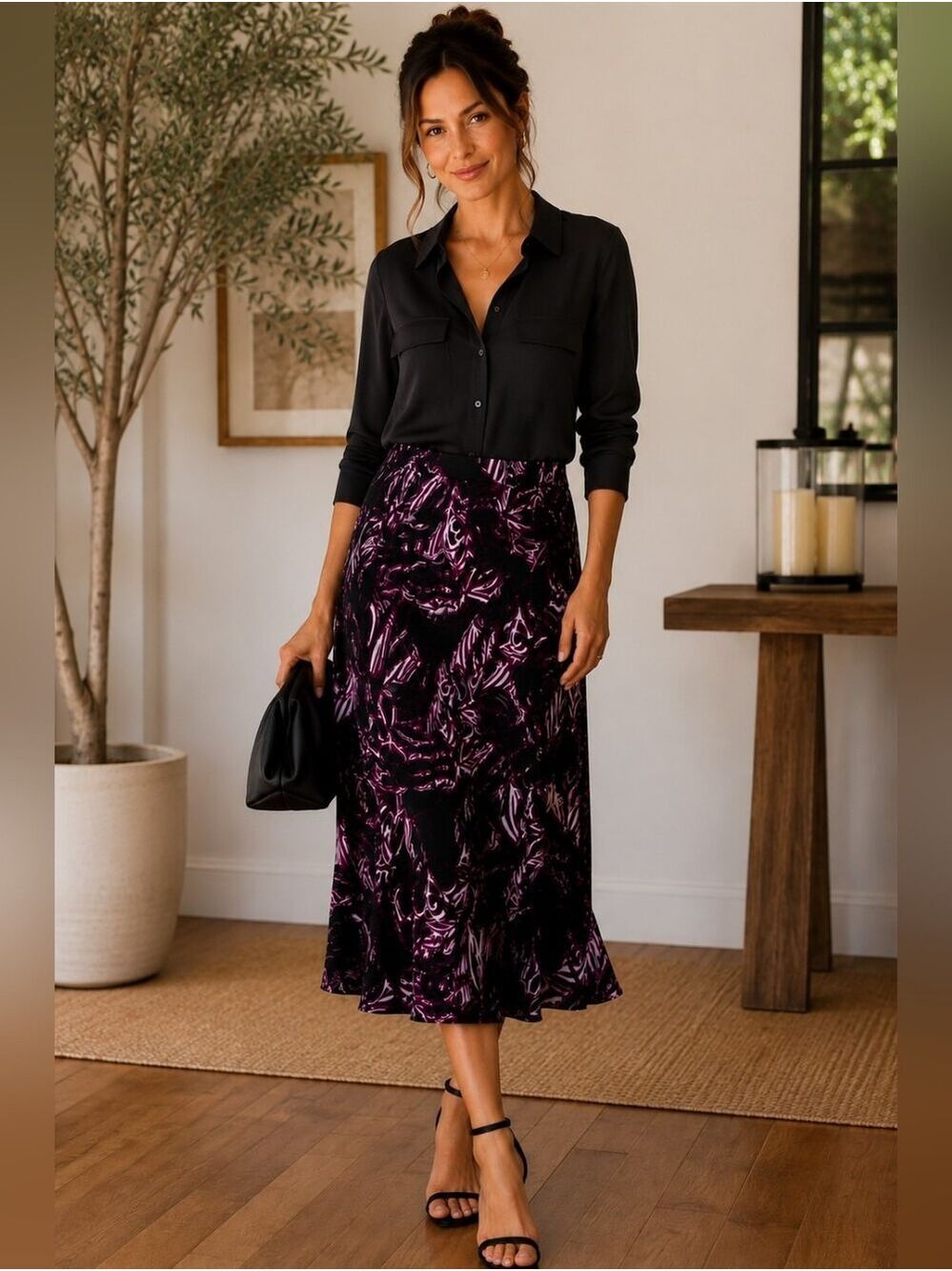 Chico’s Abstract Floral Midi Skirt Quiet Luxury Classy Chic Size 1